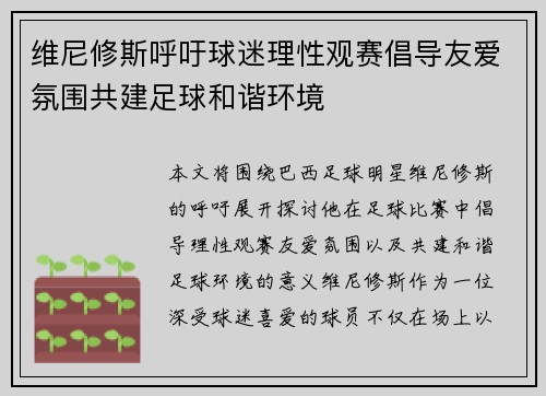 维尼修斯呼吁球迷理性观赛倡导友爱氛围共建足球和谐环境