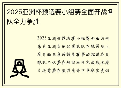 2025亚洲杯预选赛小组赛全面开战各队全力争胜