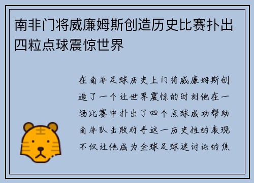 南非门将威廉姆斯创造历史比赛扑出四粒点球震惊世界